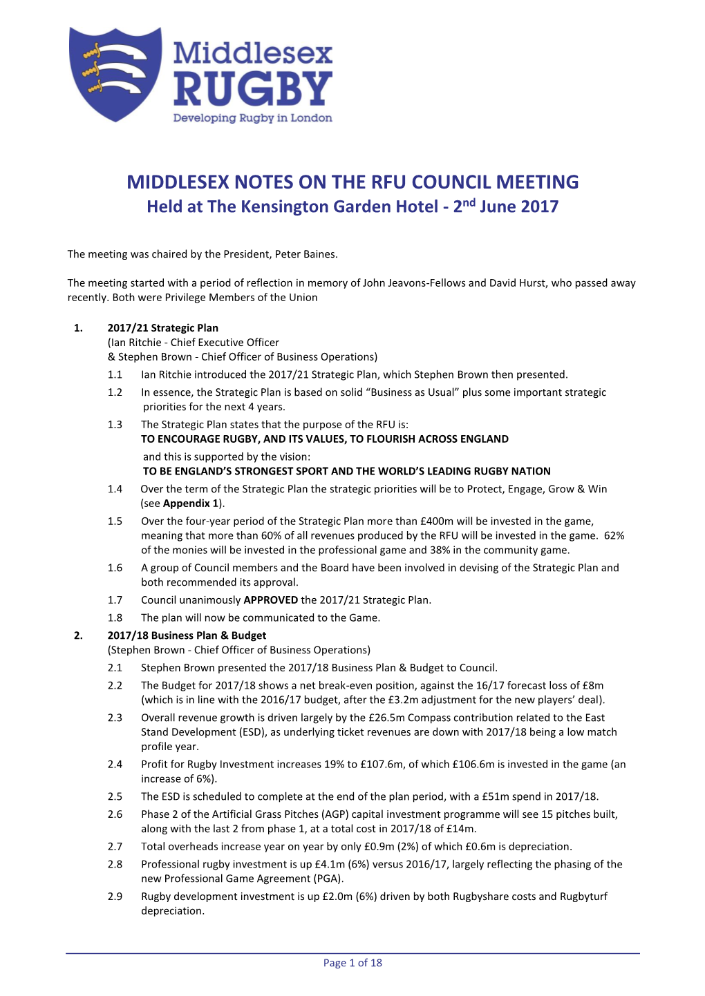 NOTES on the RFU COUNCIL MEETING Held at the Kensington Garden Hotel - 2Nd June 2017