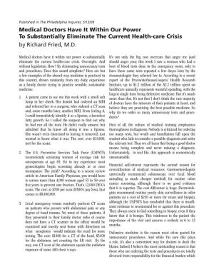Medical Doctors Have It Within Our Power to Substantially Eliminate the Current Health-Care Crisis by Richard Fried, M.D