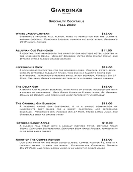 Specialty Cocktails Fall 2020
