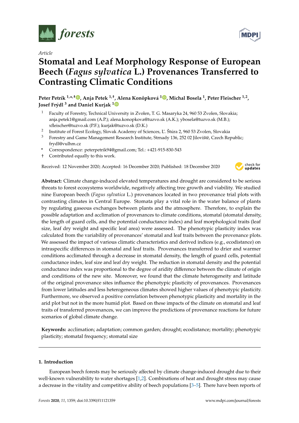 Stomatal and Leaf Morphology Response of European Beech (Fagus Sylvatica L.) Provenances Transferred to Contrasting Climatic Conditions