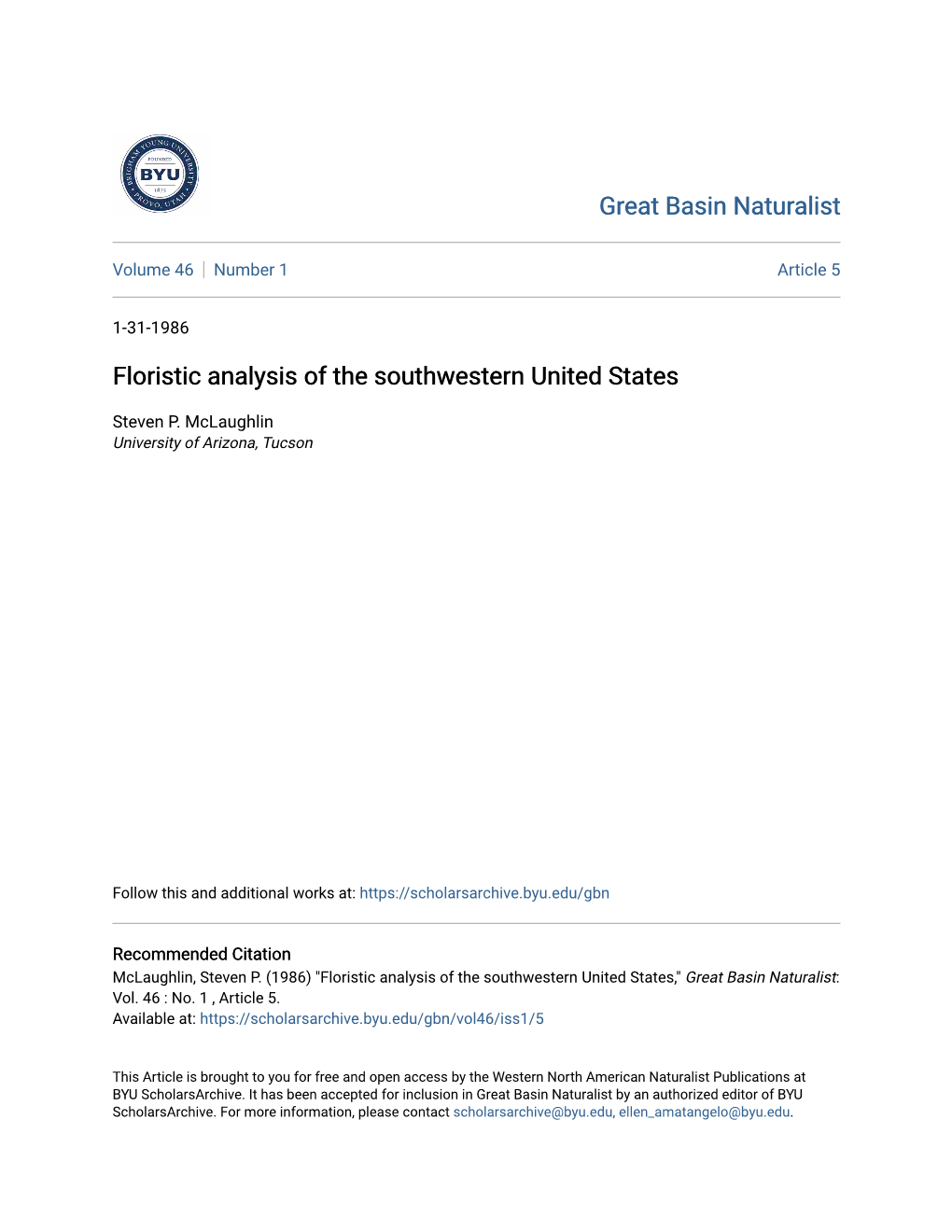 Floristic Analysis of the Southwestern United States