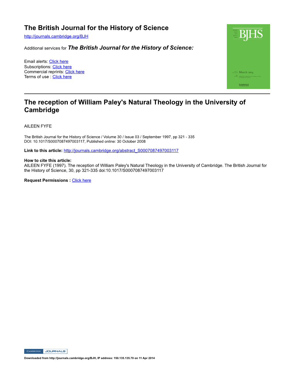 The Reception of William Paley's Natural Theology in the University of Cambridge