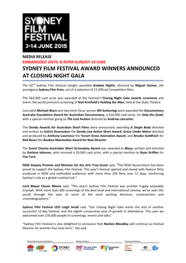 Sydney Film Festival Award Winners Announced at Closing Night Gala