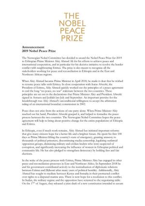 Announcement 2019 Nobel Peace Prize