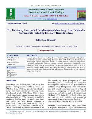 Ten Previously Unreported Basidiomycota Macrofungi from Salahadin Governorate Including Five New Records to Iraq