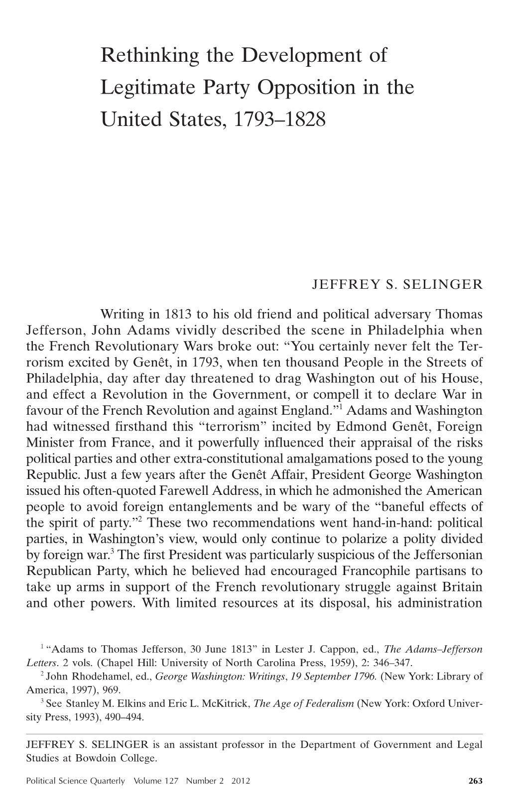Rethinking the Development of Legitimate Party Opposition in the United States, 1793–1828