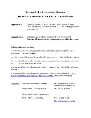GENERAL CHEMISTRY IA, CHEM 1050 –Fall 2018