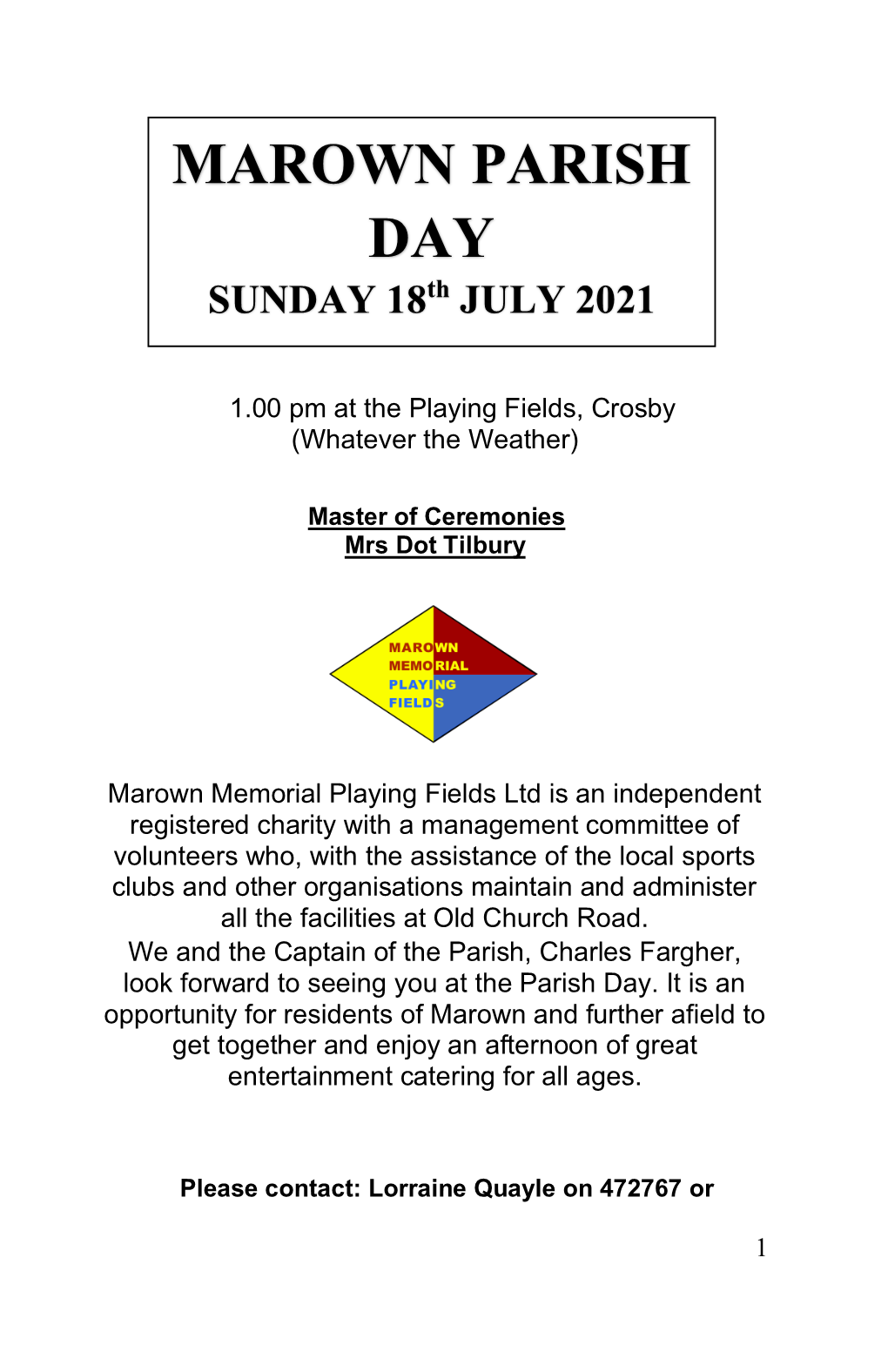 MAROWN PARISH DAY SUNDAY 18Th JULY 2021