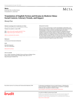 Translation of English Fiction and Drama in Modern China: Social Context, Literary Trends, and Impact Shouyi Fan