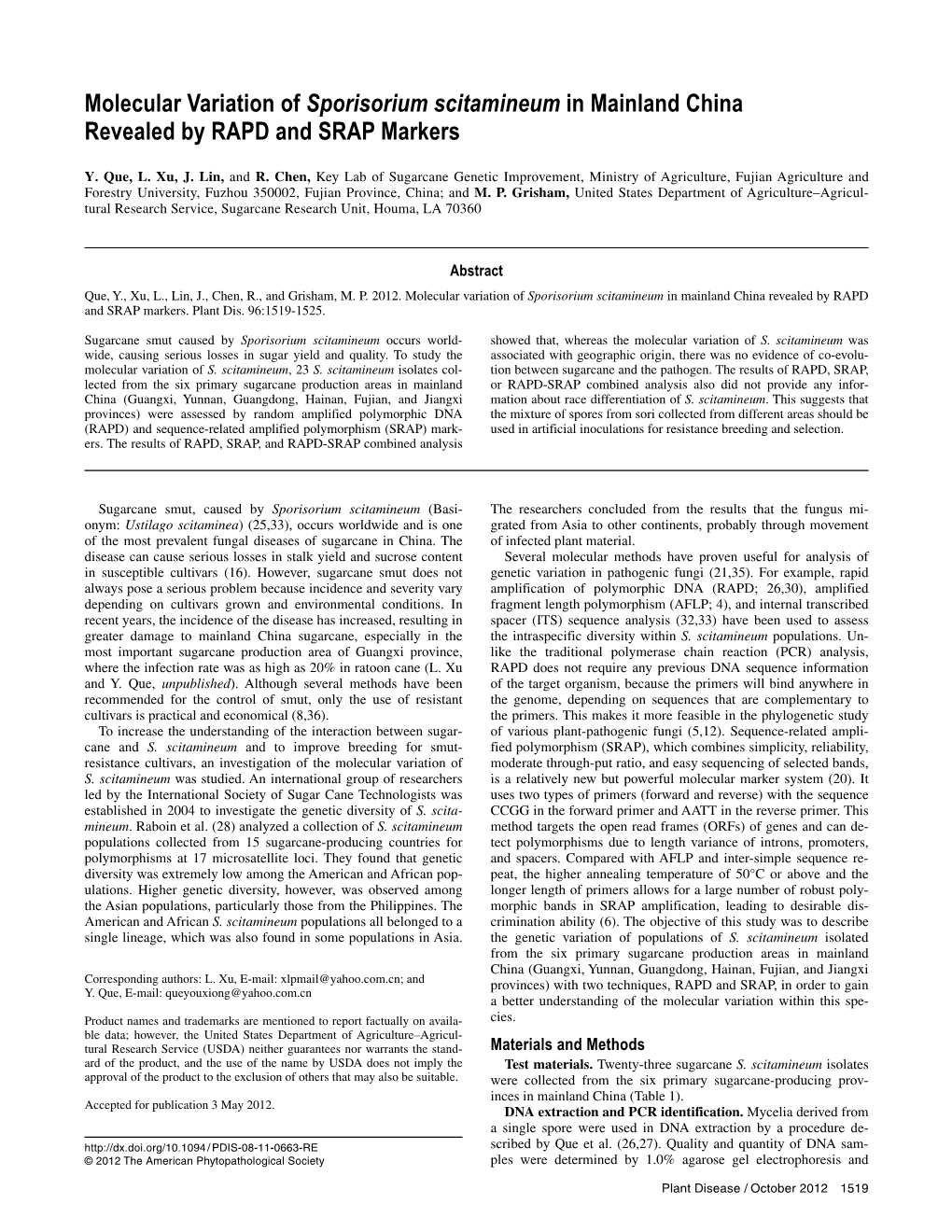 Molecular Variation of Sporisorium Scitamineum in Mainland China Revealed by RAPD and SRAP Markers