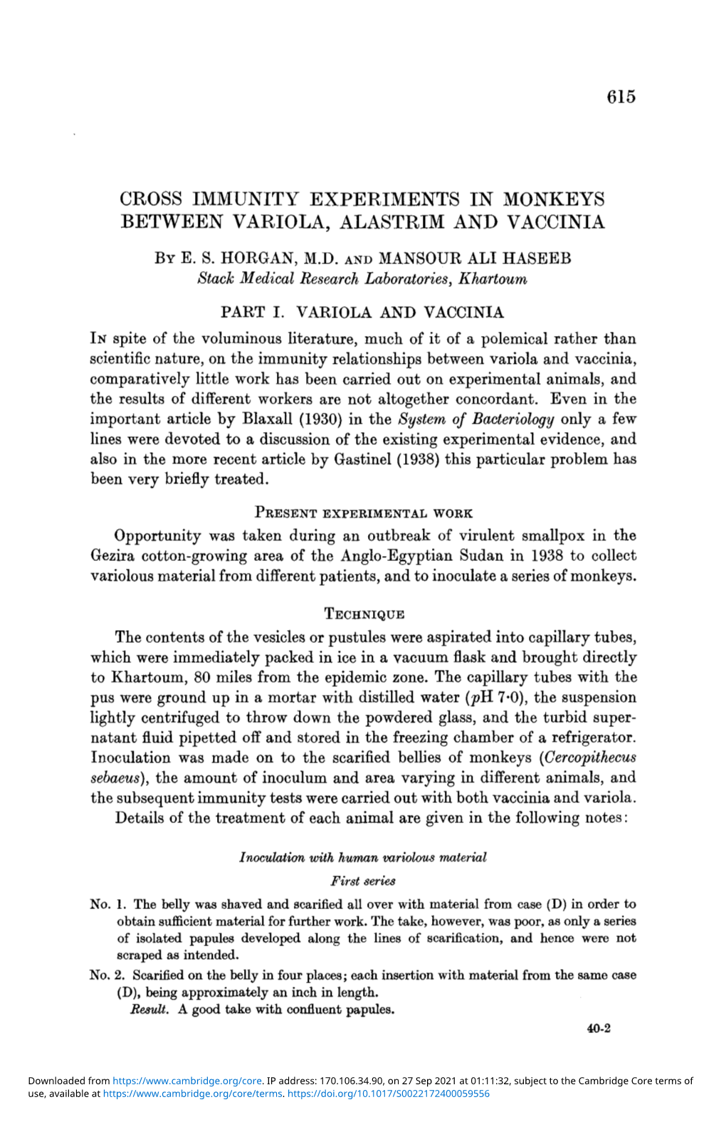 615 Cross Immunity Experiments in Monkeys Between Variola, Alastrim