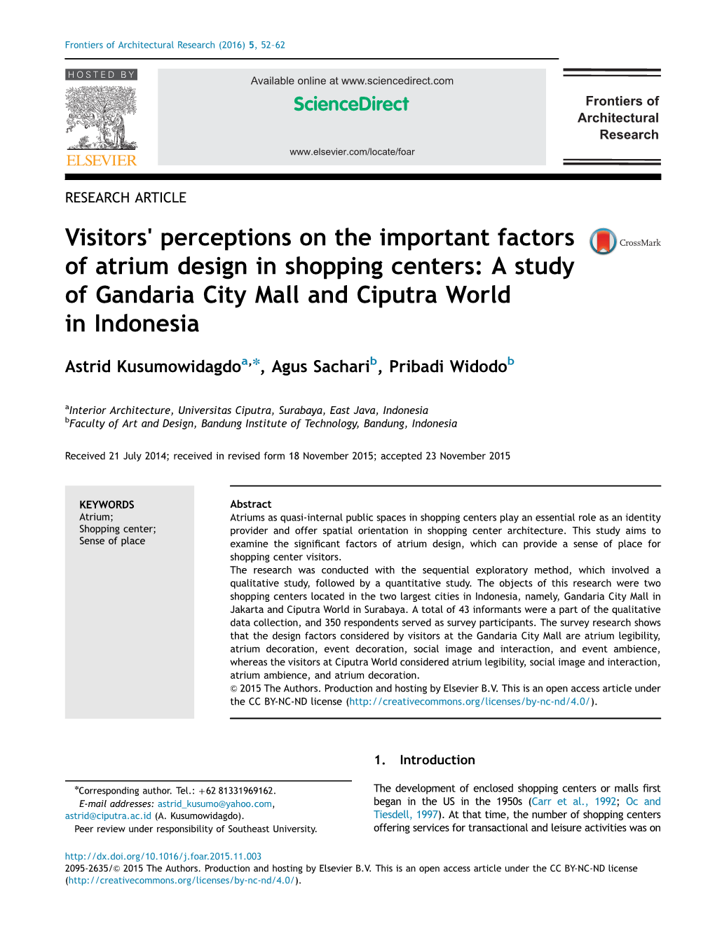 Visitors׳ Perceptions on the Important Factors of Atrium Design in Shopping