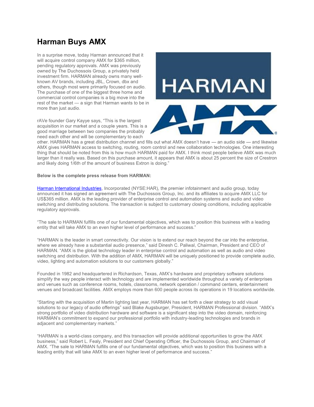 Harman Buys AMX
