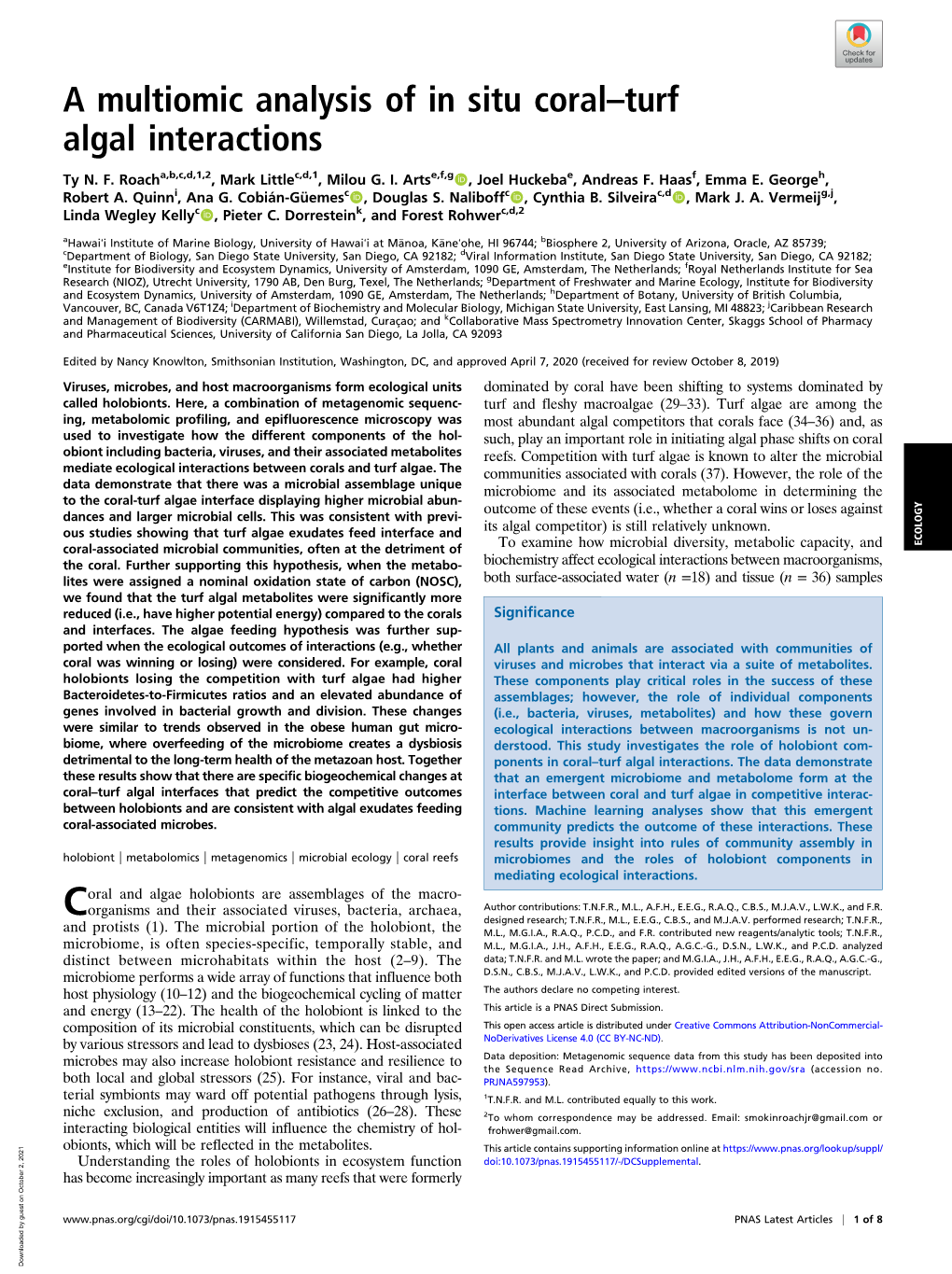 A Multiomic Analysis of in Situ Coral–Turf Algal Interactions