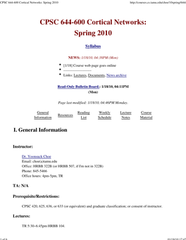 CPSC 644-600 Cortical Networks: Spring 2010