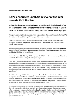 LAPG Announces Legal Aid Lawyer of the Year Awards 2021 Finalists