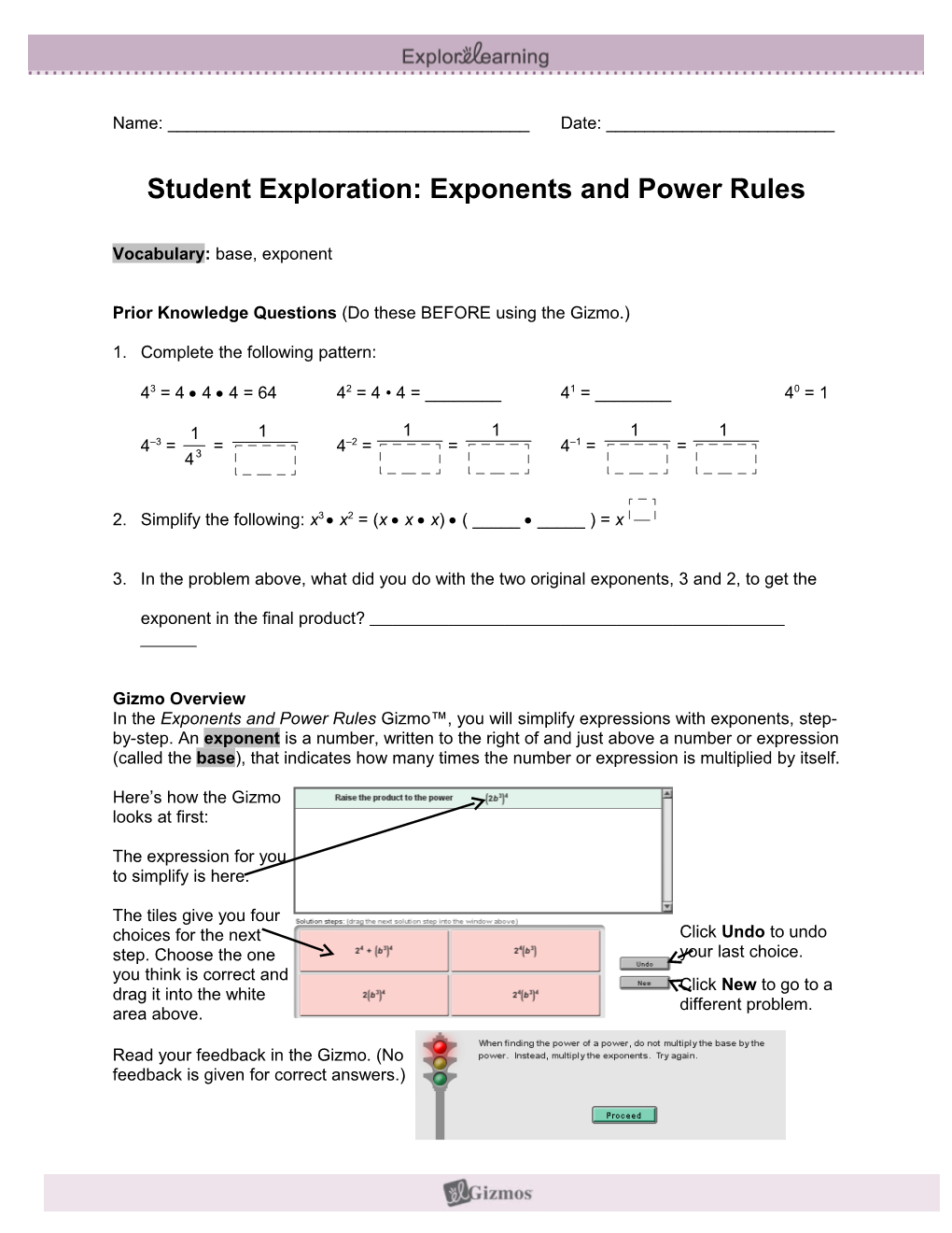 Student Exploration: Exponents and Power Rules