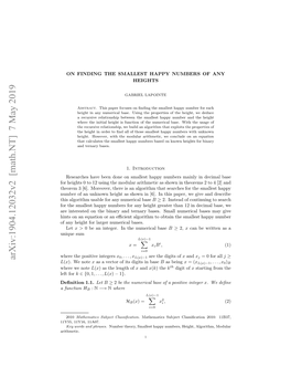 ON FINDING the SMALLEST HAPPY NUMBERS of ANY HEIGHTS 2 Where B(0) = 0 in Base B