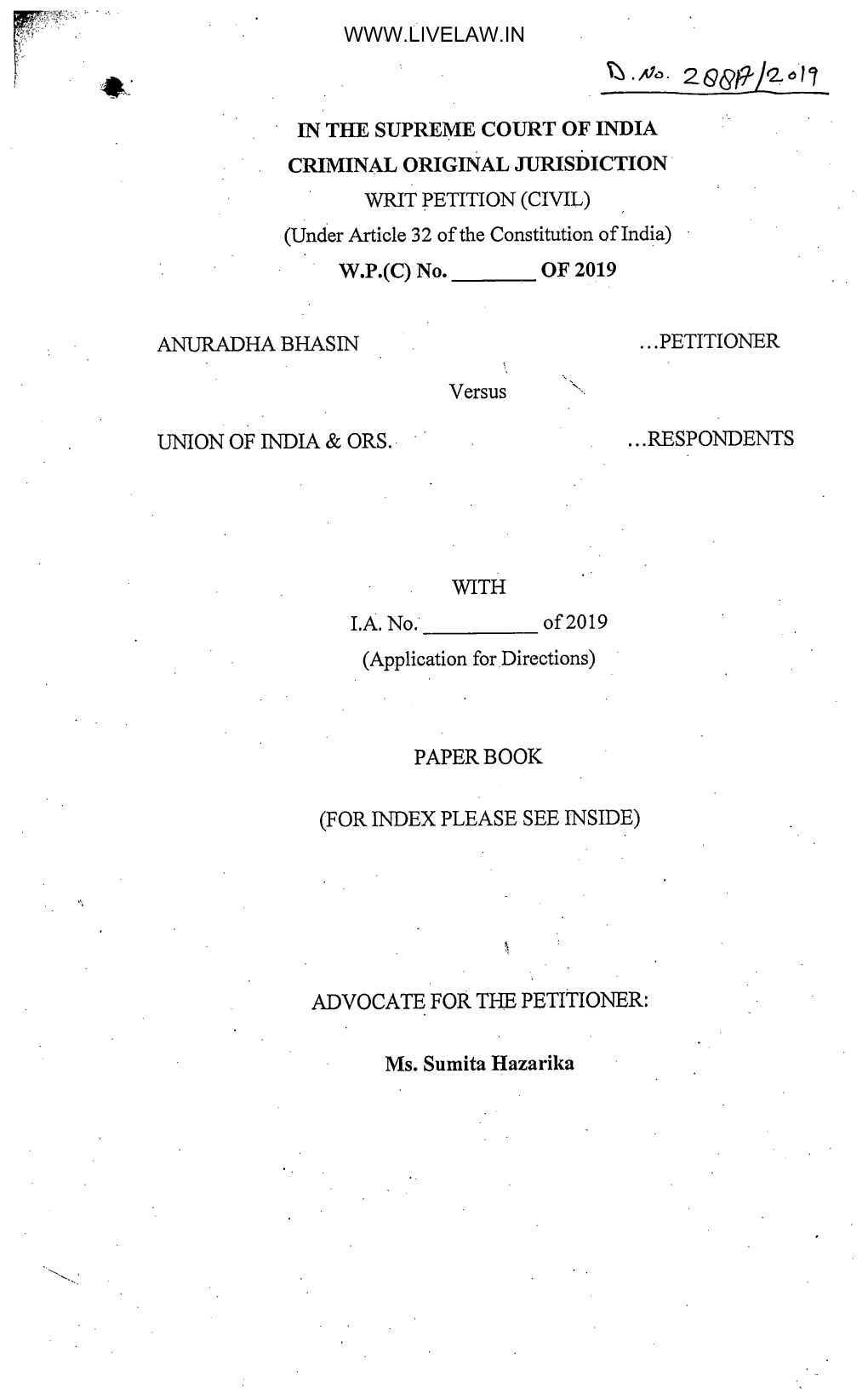 WRIT PETITION (CIVIL) (Under Article 32 Ofthe Constitution Ofindia) W.P.(C)No