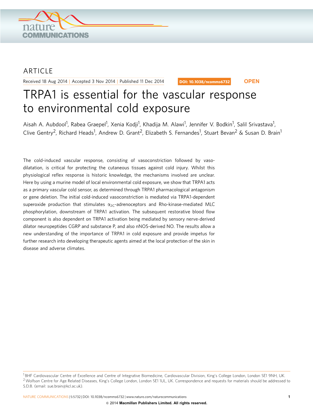 TRPA1 Is Essential for the Vascular Response to Environmental Cold Exposure