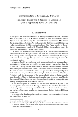 Correspondences Between K3 Surfaces Federica Galluzzi & Giuseppe Lombardo (With an Appendix by Igor Dolgachev)