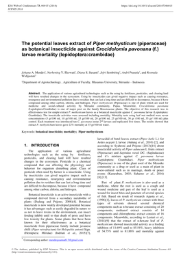 The Potential Leaves Extract of Piper Methysticum (Piperaceae) As Botanical Insecticide Against Crocidolomia Pavonana (F.) Larvae Mortality (Lepidoptera:Crambidae)