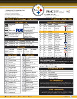 Pittsburgh Steelers Game Release Week 13 Washington Football Team