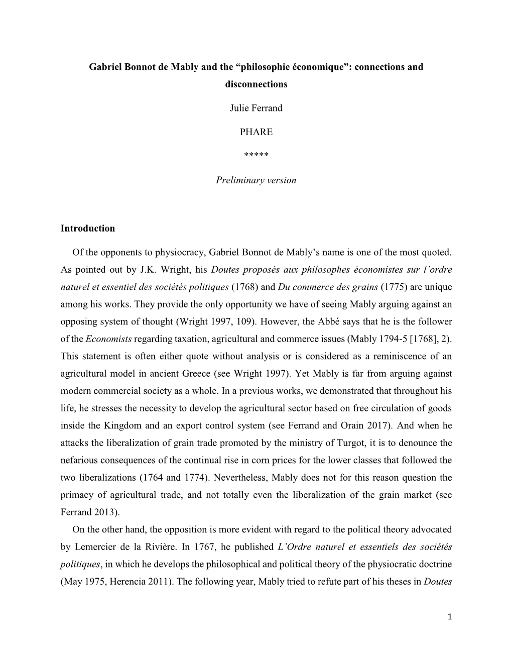 Gabriel Bonnot De Mably and the “Philosophie Économique”: Connections and Disconnections