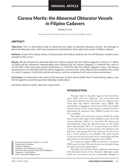 Corona Mortis: the Abnormal Obturator Vessels in Filipino Cadavers