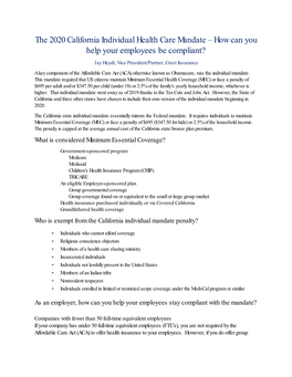 The 2020 California Individual Health Care Mandate – How Can You Help Your Employees Be Compliant?