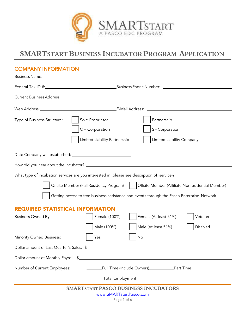 Smartstart Business Incubator Program Application