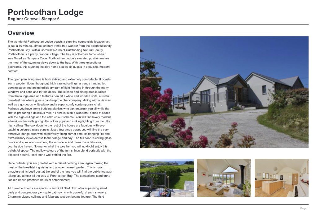 Porthcothan Lodge Region: Cornwall Sleeps: 6