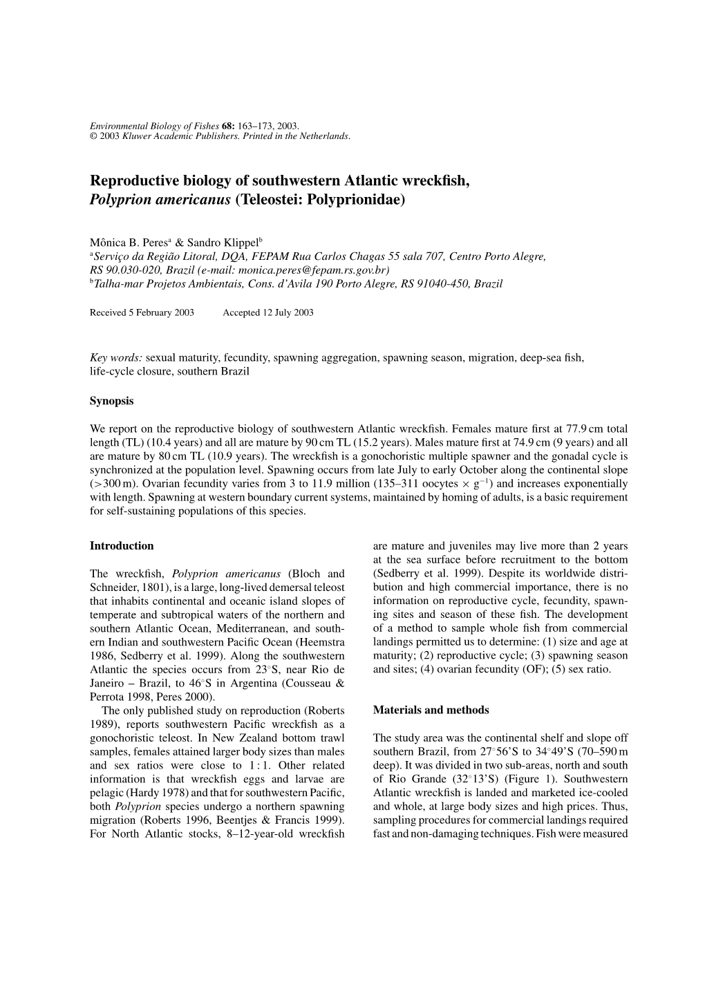 Reproductive Biology of Southwestern Atlantic Wreckfish, Polyprion