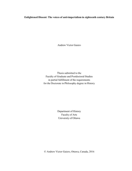 Enlightened Dissent: the Voices of Anti-Imperialism in Eighteenth Century Britain Andrew Victor Gaiero Thesis Submitted to the F
