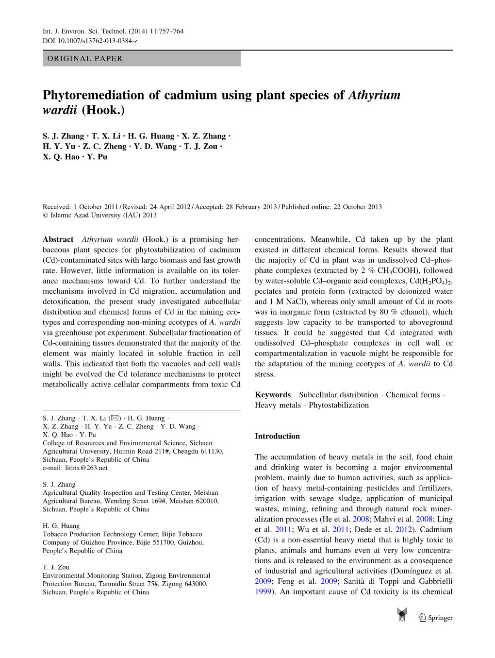 Phytoremediation of Cadmium Using Plant Species of Athyrium Wardii (Hook.)