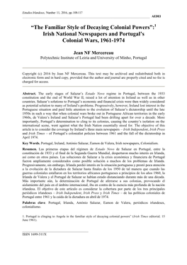 Irish National Newspapers and Portugal's Colonial Wars, 1961-1974