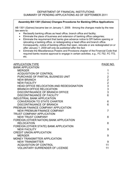 Department of Financial Institutions Summary of Pending Applications As of September 2011