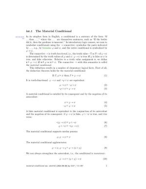 Material Conditional Cnt:Int:Mat: in Its Simplest Form in English, a Conditional Is a Sentence of the Form “If Sec