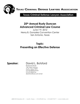 25Th Annual Rusty Duncan Advanced Criminal Law Course Topic