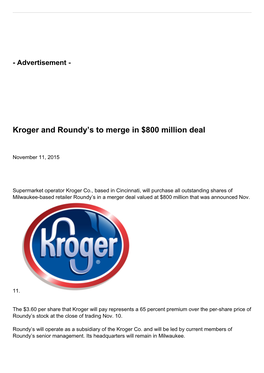 Kroger and Roundy's to Merge in $800 Million Deal