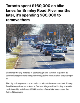 Toronto Spent $160,000 on Bike Lanes for Brimley Road. Five Months Later, Itʼs Spending $80,000 to Remove Them