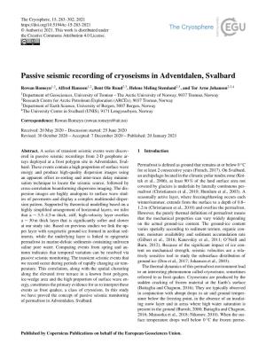 Passive Seismic Recording of Cryoseisms in Adventdalen, Svalbard