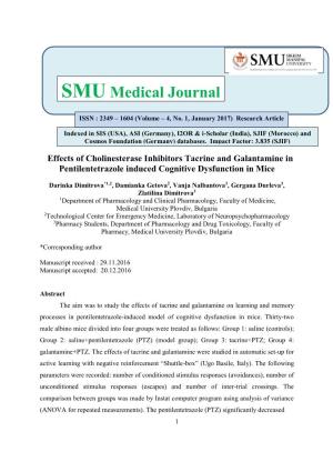Effects of Cholinesterase Inhibitors Tacrine and Galantamine in Pentilentetrazole Induced Cognitive Dysfunction in Mice