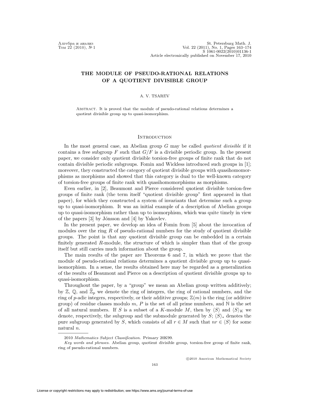 THE MODULE of PSEUDO-RATIONAL RELATIONS of a QUOTIENT DIVISIBLE GROUP Introduction in the Most General Case, an Abelian Group G