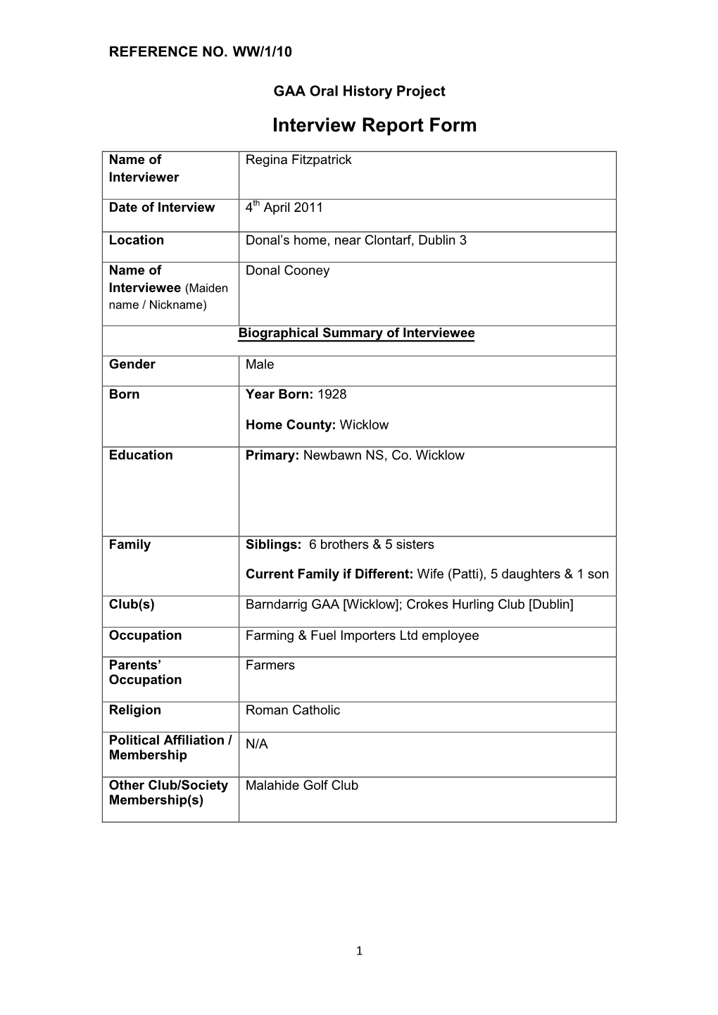 GAA Oral History Project Interview Report Form