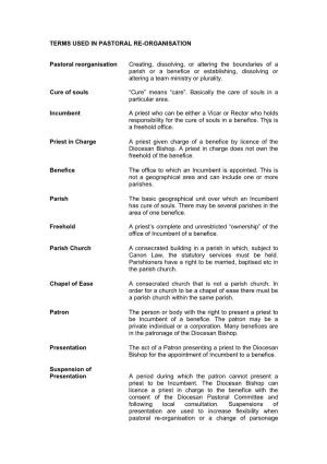 Glossary of Terms Used in Pastoral Re-Organisation