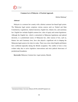 Common Law of Malaysia: a Practical Approach Defrim Shabanaj Abstract