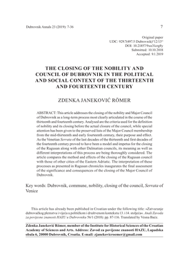 The Closing of the Nobility and Council of Dubrovnik in the Political and Social Context of the Thirteenth and Fourteenth Century