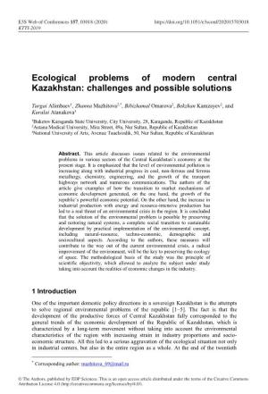 Ecological Problems of Modern Central Kazakhstan: Challenges and Possible Solutions