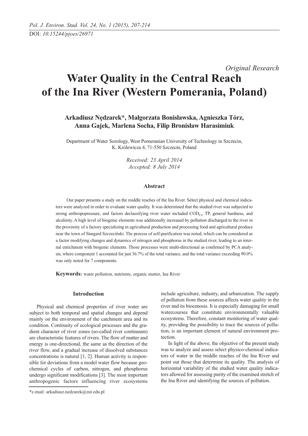 Water Quality in the Central Reach of the Ina River (Western Pomerania, Poland)